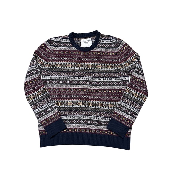 Abercrombie & Fitch Mens Fair Isle Crewneck Sweater Navy/Burgundy Small